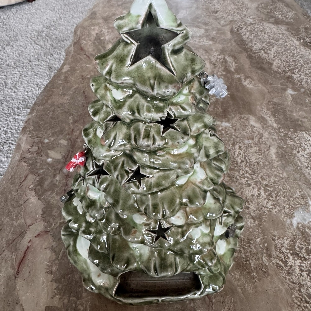 Ceramic Christmas Tree Luminary Tea Light Candle Holder 9" ~ Hanging Ornaments